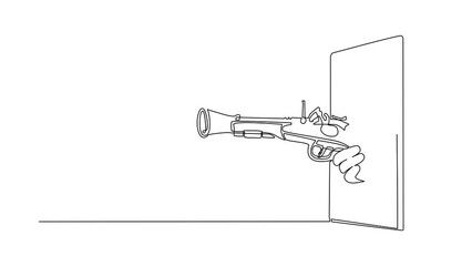Wall Mural - Animated self drawing of continuous line draw hand holding old flintlock pistol through mobile phone. Concept of pirate games, e-sport, application for smartphones. Full length single line animation