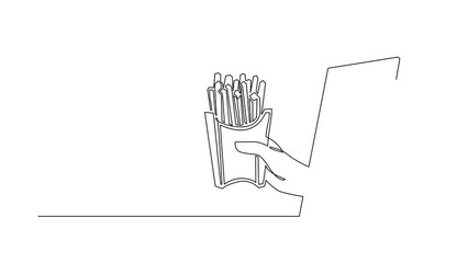 Poster - Animated self drawing of continuous line draw hand holding french fries in paper box through mobile phone. Concept of order delivery online food. App for smartphones. Full length one line animation