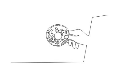 Poster - Self drawing animation of single line draw hand holding donuts through mobile phone. Concept of order delivery online food. Application for smartphones. Continuous line draw. Full length animated
