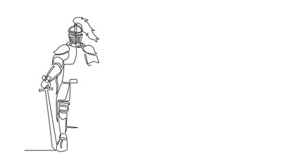 Poster - Animated self drawing of continuous line draw knight in armor, cape, helmet with feather. Warrior of middle ages standing leaning on sword. Historical military. Full length single line animation
