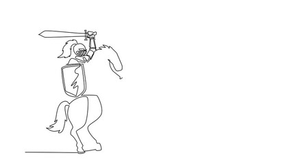 Poster - Animated self drawing of continuous line draw medieval armed knight riding horse. Historical ancient military character. Prince with sword and shield. Ancient fighter. Full length one line animation