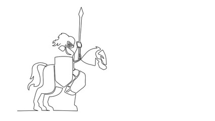 Poster - Self drawing animation of single line draw armed knight riding horse. Historical ancient military character. Prince with spear and shield. Ancient fighter. Continuous line. Full length animated