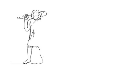 Wall Mural - Self drawing animation of single one line draw stone age primitive man in animal hide pelt with big wooden club. Prehistoric man holding cudgel on shoulders. Continuous line draw. Full length animated