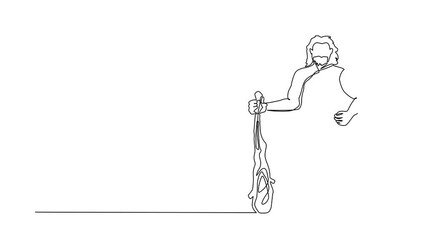 Wall Mural - Self drawing animation of single line draw caveman standing holding big cudgel. Prehistoric bearded man dressed in animal pelt. Hunter. Homosapiens. Continuous line draw. Full length animated