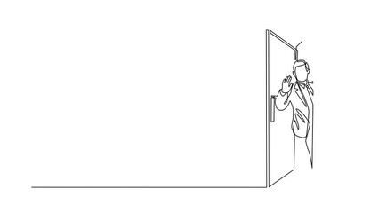 Poster - Animated self drawing of continuous line draw businessman looking from behind open door. Young man peeking of door and wave hands. Cheerful male standing in doorway. Full length single line animation