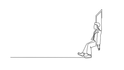 Poster - Animated self drawing of continuous line draw businessman pushing door with his back. Business struggles. Strength for success. Business concept of overcoming obstacles. Full length one line animation