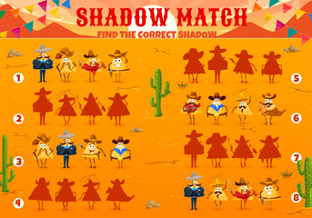 Poster - Shadow match game vector worksheet, cowboy, bandit and sheriff mexican nachos characters. Find correct shadow game, puzzle or quiz of kids education with funny cartoon nacho chips, sombrero hats, guns