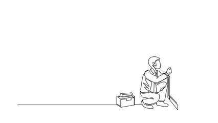 Poster - Animated self drawing of continuous line draw businessman prying doorknob with screwdriver. Man repair broken handle door knob with handyman in tool box. Business. Full length single line animation