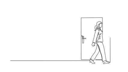 Poster - self drawing animation of single line draw businesswoman enters room through door. woman walking to 