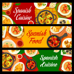 Sticker - Spanish cuisine banners, food of Spain, dishes and meals for lunch and dinner, vector. Spanish restaurant and tapas bar menu of traditional seafood paella, potato omelet tortilla and chicken empanadas