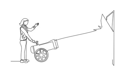 Poster - Animated self drawing of continuous line draw businesswoman ignites cannon in front of door destroying door. Barrier of entries, destroying obstacle with brute force. Full length single line animation