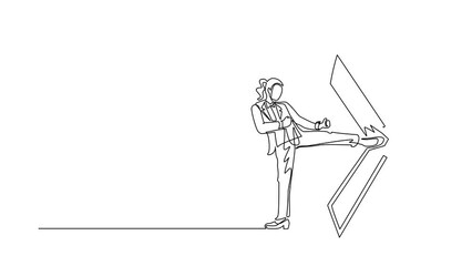 Poster - Self drawing animation of single line draw businesswoman kicks door until door shattered. Kicking locked door destroy. Concept of overcoming obstacles. Continuous line draw. Full length animated