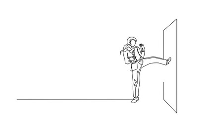 Poster - Animated self drawing of continuous line draw businesswoman prying doorknob with screwdriver. Woman repair broken handle door knob with handywoman in tool box. Business. Full length one line animation