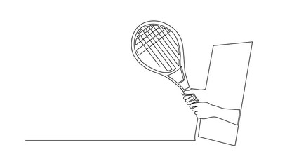 Poster - Animated self drawing of continuous line draw player hand holds tennis racket through mobile phone. Smartphone with tennis app. Mobile sports stream championship. Full length single line animation