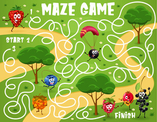 Poster - Labyrinth maze game. Cartoon cheerful berry character on summer vacation. Child game or maze with strawberry, bilberry and blueberry, raspberry, honeysuckle. Kids riddle or puzzle vector worksheet