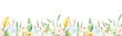 Watercolor seamless border with easter eggs, grass, leaves, flowers for textures, quail eggs, easter print