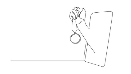 Poster - animated self drawing of continuous line draw player hand holds gold medal through mobile phone. sma