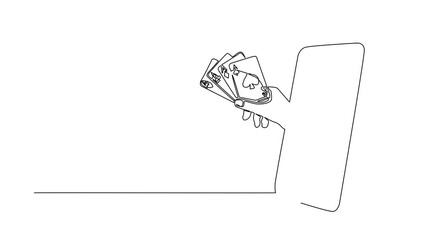 Poster - Animated self drawing of continuous line draw player hand holds four aces card through mobile phone. Smartphone with poker card app. Mobile sports stream championship. Full length one line animation