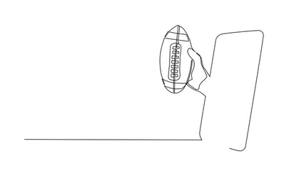 Poster - Animated self drawing of continuous line draw player hand holds american football ball through mobile phone. Smartphone with app. Mobile sports stream championship. Full length single line animation