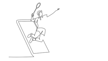 Poster - Self drawing animation of single line draw badminton player jump hit shuttlecock getting out of smartphone. Online badminton game with live mobile app. Continuous line draw. Full length animated