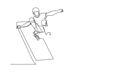 Poster - Animated self drawing of continuous line draw skateboarder riding skateboard, doing jump trick getting out of smartphone. Mobile sport. Online skateboard mobile app. Full length single line animation