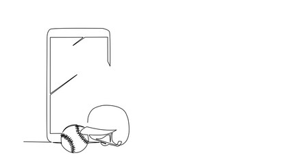 Poster - Self drawing animation of single line draw smartphone and baseball equipment - helmet, baseball bats and baseball ball. Online sporting symbol and mascot. Continuous line draw. Full length animated