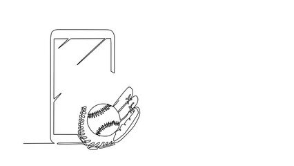 Poster - Self drawing animation of single line draw baseball leather glove, ball with smartphone. Mobile sports matches. Online baseball game with live mobile app. Continuous line draw. Full length animated