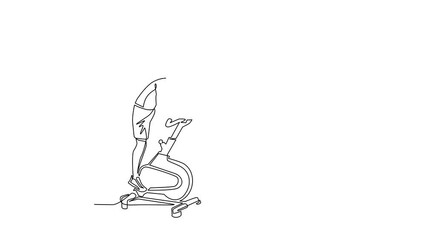 Poster - Self drawing animation of single line draw man doing cardio. Stationary bike. Spinning exercise. Young man doing routine exercise at home using static bike. Continuous line draw. Full length aniimated