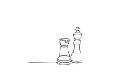 Poster - Animated self drawing of continuous line draw chess pieces silhouette icon isolated on white background. Black chess figures bishop, knight, rook game design elements. Full length one line animation