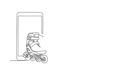Poster - Self drawing animation of single line draw smartphone and inline skate. Pair of old retro plastic quad roller skate shoes. Healthy fitness sports concept. Continuous line draw. Full length animated