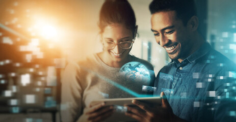 Aufkleber - Creative business people, tablet and future innovation for networking, planning or collaboration at night in double exposure. Team developing startup strategy or digital marketing on big data overlay