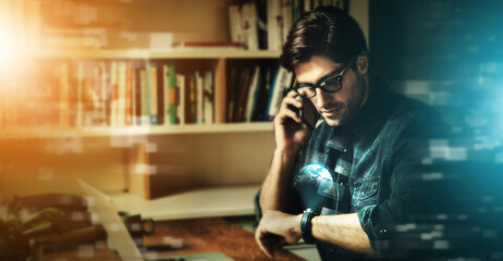 Poster - Digital transformation, futuristic and business man with phone call, check time with communication and cyber space overlay. Internet, future technology and ai, global network with 3d world hologram