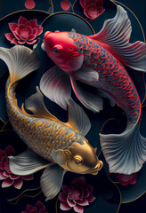 red and golden koi fish in aquarium generative ai