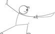 Fighter in Martial Arts or Kung Fu Pose with Sword, Vector Cartoon Stick Figure Illustration