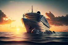 A Grand Cruise Ship Sinking In Calm Waters, With The Sun Setting In The Background And Luxury Lifeboats Being Lowered 1 Generative AI