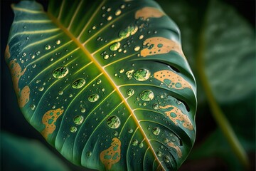 Wall Mural - Tropical leaves closeup macro background with dew drops. Digital art illustration.