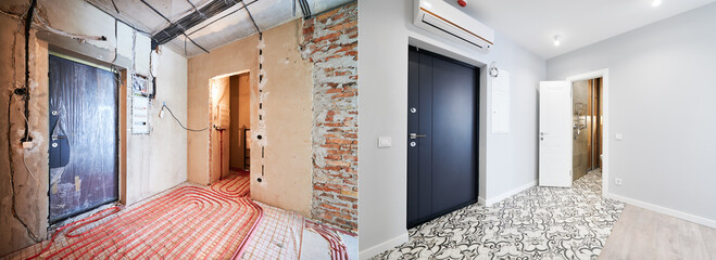 Wall Mural - Comparison of old flat with underfloor heating pipes and new renovated apartment with modern interior design. Hallway with heated floor before and after renovation.