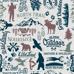 Wall Mural - set of camping and outdoor adventure design elements patchwork abstract vector seamless pattern