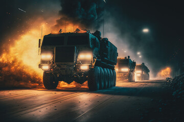 Military truck convoy attacked at night, explosions, fire and smoke, Generative AI