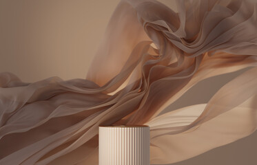 3d background. brown podium, display mockup. luxury beige, silk cloth in motion. beauty, cosmetic pr