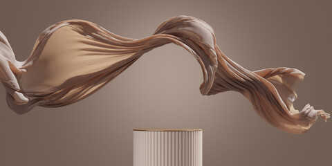 Wall Mural - 3D background. Beige podium, display mockup. Luxury brown silk flying cloth in motion. Beauty, cosmetic product presentation. Feminine template with copy space. 3d render advertisement.	