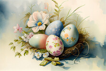 Vintage Watercolor Painting Of Easter Holiday Bird Nest With Field Flowers And Pained Eggs Generative AI Art