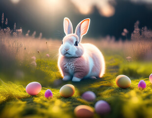 Poster - Images for Easter holiday. Pink cute rabbit in the grass on a flower meadow and colorful painted eggs on a sunny day. Generative AI.