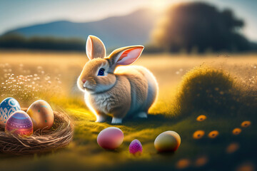 Poster - Images for Easter holiday.Cute rabbit in the grass on a flower meadow and colorful painted eggs on a sunny day. Generative AI.