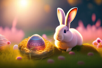 Poster - Images for Easter holiday. Pink cute rabbit in the grass on a flower meadow and colorful painted eggs on a sunny day. Generative AI.