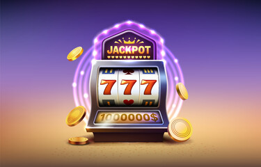 Wall Mural - Casino slots machine winner, jackpot fortune of luck, 777 win banner. Vector