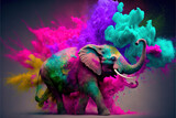 Elephant Happy Holi colorful background. Festival of colors, colorful rainbow holi paint color powder explosion isolated white wide panorama background.