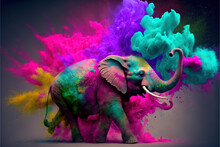 Elephant Happy Holi Colorful Background. Festival Of Colors, Colorful Rainbow Holi Paint Color Powder Explosion Isolated White Wide Panorama Background.
