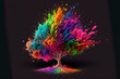 Tree Happy Holi colorful background. Festival of colors, colorful rainbow holi paint color powder explosion isolated white wide panorama background.