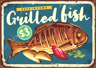 Grilled and roasted fish vintage menu design vector sign. Retro seafood restaurant sign concept with tasty fish and fried potatoes graphic.